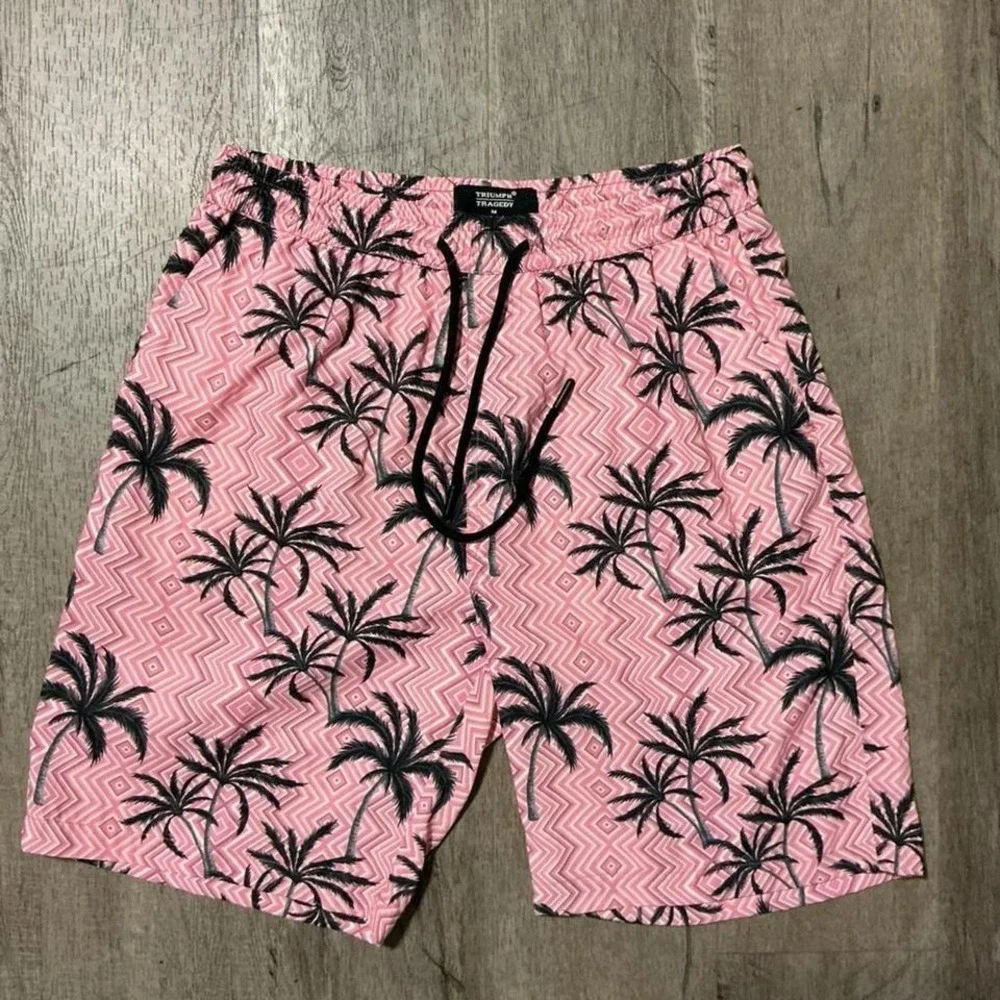Triumph Tragedy Pink Palm Tree Print Swim Shorts Size M NWT Tropical Summer‎